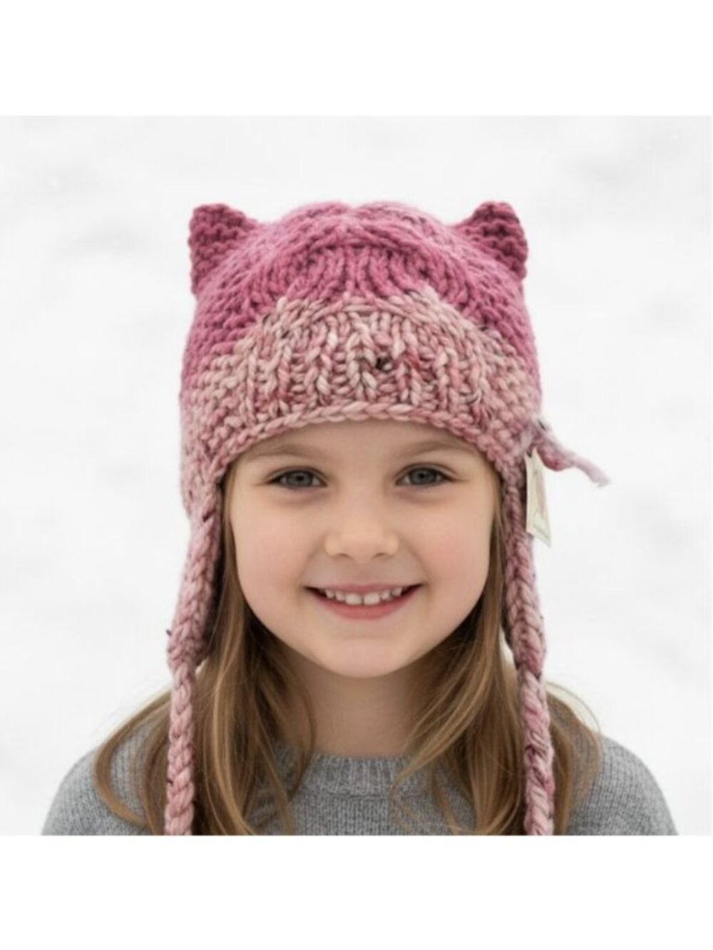 ⭐Girls Handmade Pink Knit Cat Ear Beanie Winter Warm Earflap Cable Hat Cute New